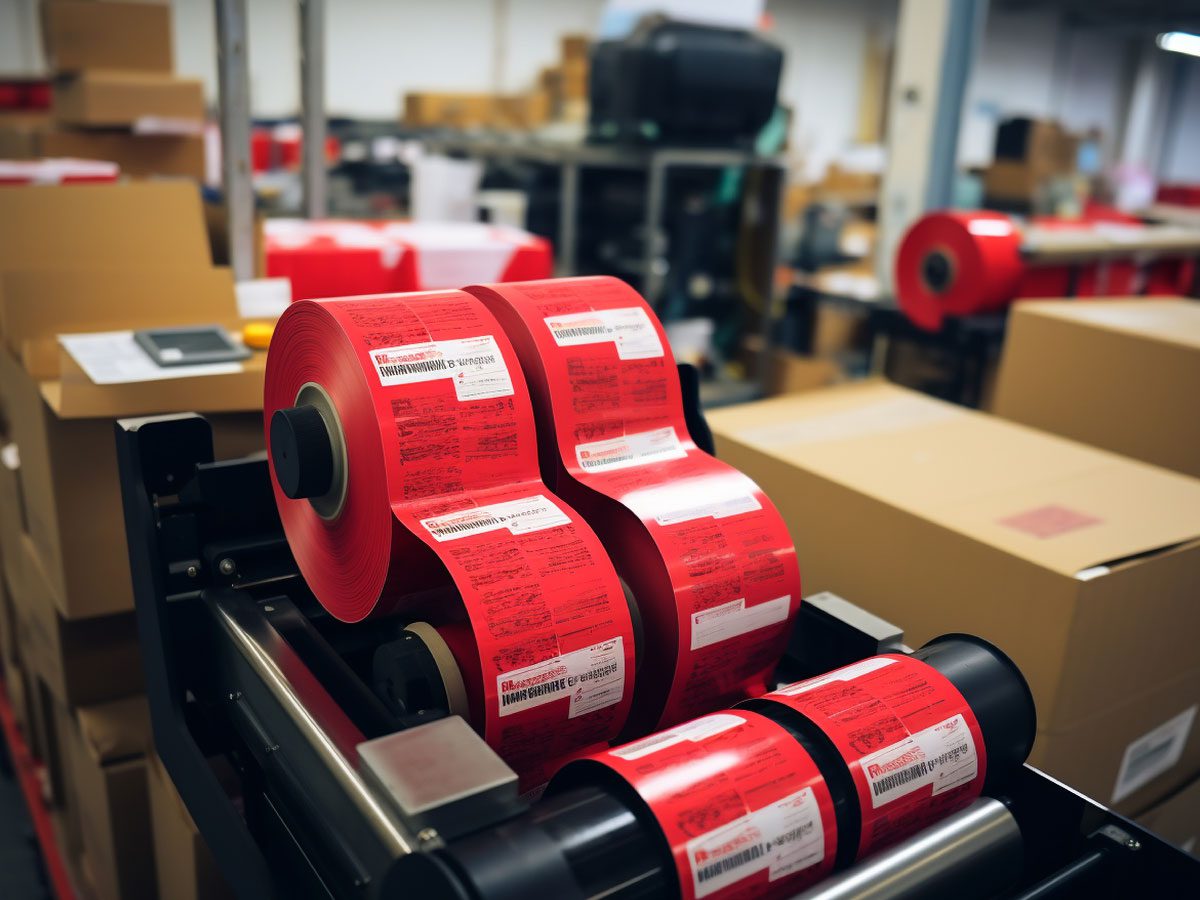 Industrial label printer producing compliant product labels in Synsus facility